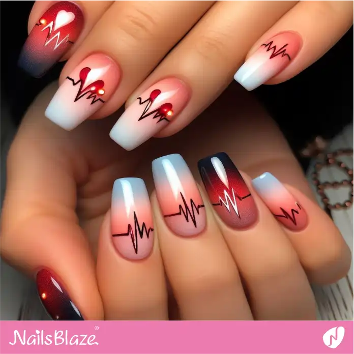 Heart Beat Design on Dark and Light Ombre Nails  | Valentine Nails - NB2382